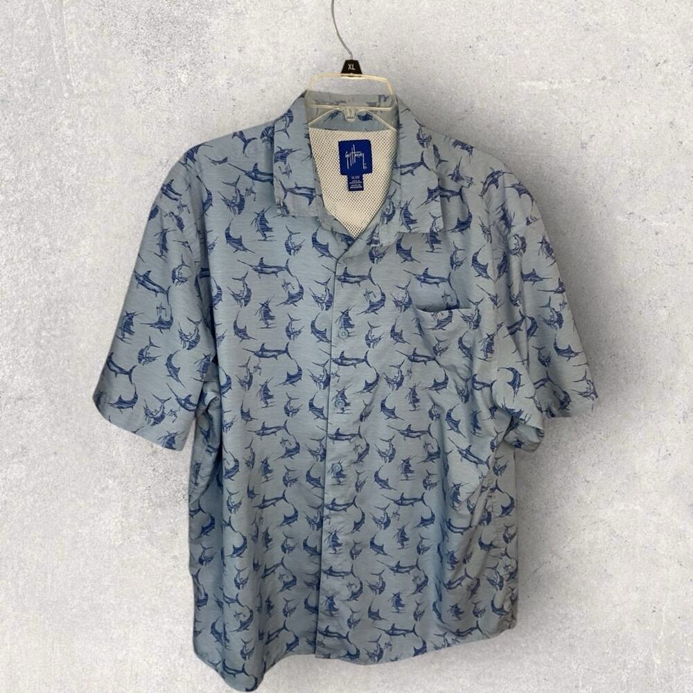Guy Harvey Men's Retro Billfish Short Sleeve Fishing Shirt XL Blue Collared